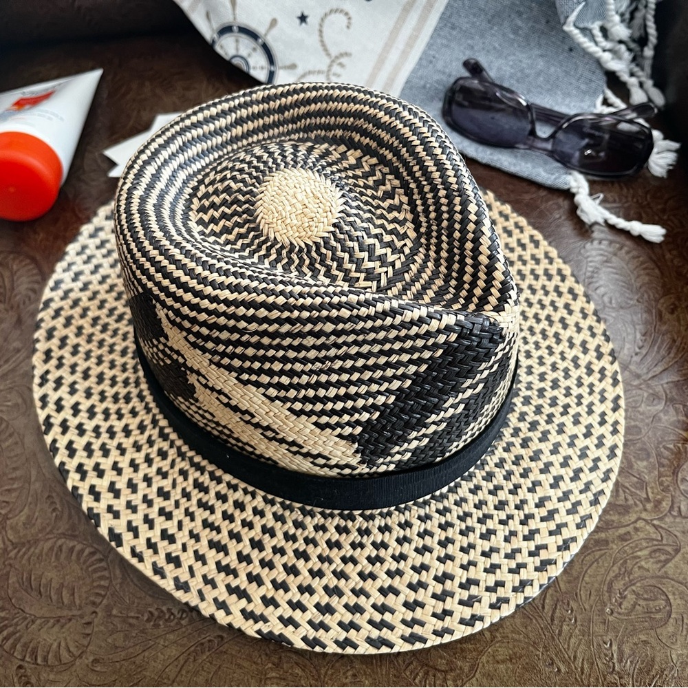 Woven Straw Fedora Hat in Black & Natural